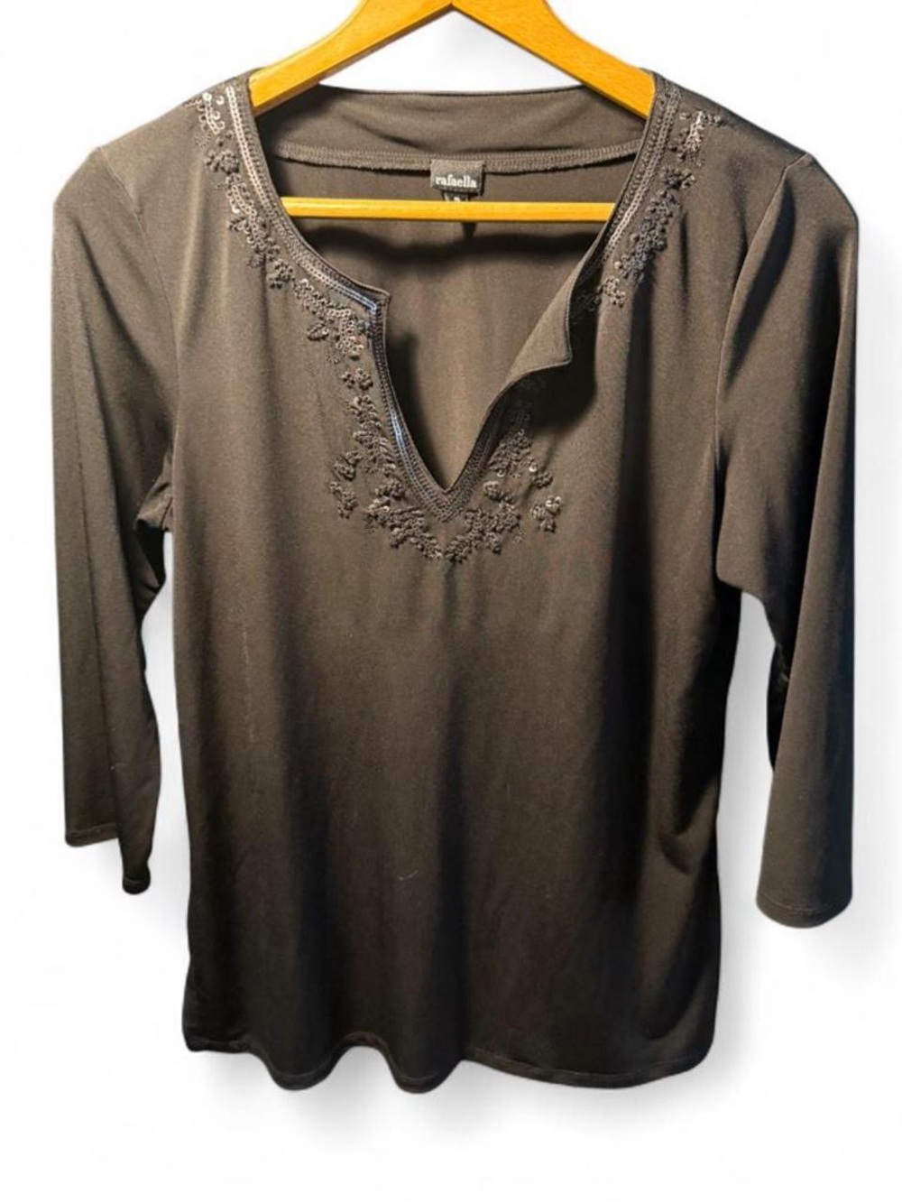 Talbots Black Long Sleeve V-Neck Top with Floral Embroidery